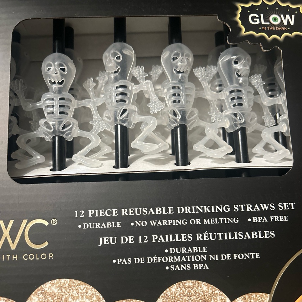 Set of 12 Skeletons Glow NEON Green Black Straws Party Decor REUSABLE BPA Free